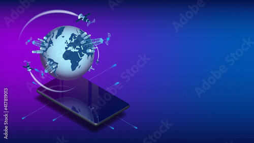 Isometric concept of high speed satellite communication 5g or wifi with smartphone and copy space on blue. 3d planet Earth with cell towers above the phone screen. Banner or website header template.