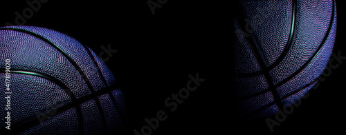 Closeup detail of blue basketball ball texture background. Team sport concept. Sports background for product display, banner, or mockup. © Augustas Cetkauskas