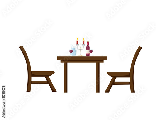Romantic dinner concept with wine and wine glass wooden luxury royal table and chairs vector illustration on white background