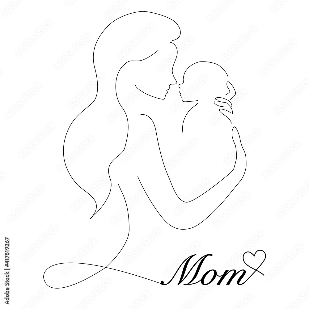 One line art illustration with mom and baby, happy mothers day greeting card on white background. Woman hold her newborn baby. Vector illustration One line art illustration with mom and baby, happy mothers day greeting card on white background. Woman hold her newborn baby. Vector illustration