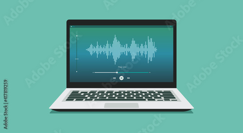 Broadcasting concept. Podcast live streaming on laptop computer or on radio station, vector flat illustration