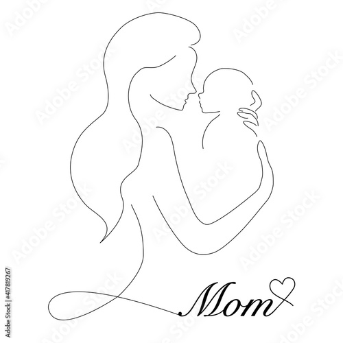 One line art illustration with mom and baby, happy mothers day greeting card on white background. Woman hold her newborn baby. Vector illustration