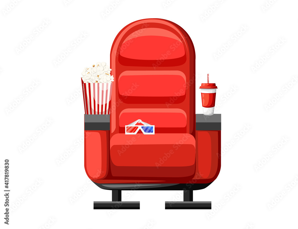 Naklejka premium Red cinema armchair with soda popcorn and 3d glasses vector illustration on white background