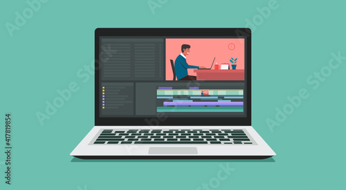 Video editing software with laptop computer. Workplace for freelancer video editor, vlogger or movie making, vector flat illustration