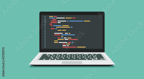 computer software with programming coding text application window on laptop screen, vector flat illustration