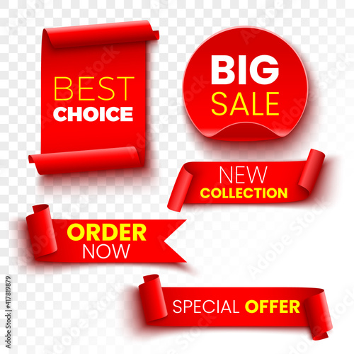 Best choice, order now, special offer, new collection and big sale banners. Red ribbons, tags and stickers. Vector illustration.