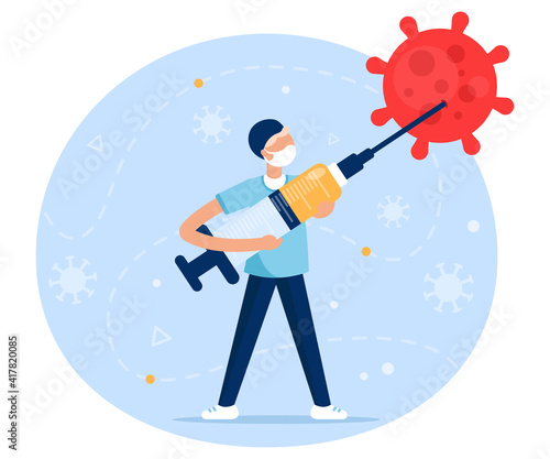 Time to vaccinate. Covid-19. Coronavirus. Fighting the virus. The doctor injects the vaccine from the syringe into the virus. Illustration for medical publications. Preventive medicine. Web banner.