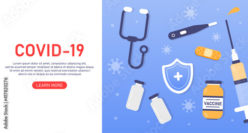 Vector banner concept. Coronavirus. Covid-19. Vials, syringe, plaster, thermometer and stethoscope. Pandemic outbreak. Vaccination of the elderly. Injection. Treatment for the virus.