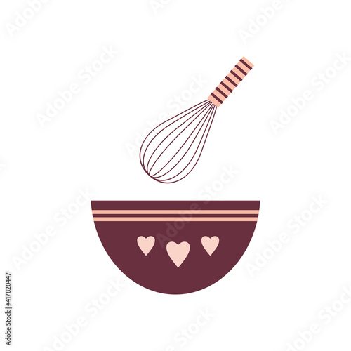 kitchen bowl with whisk isolated on white