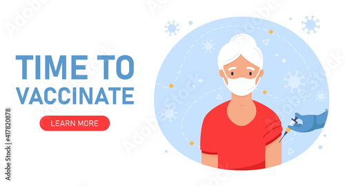 Time to vaccinate. Vaccination of the elderly. Fighting the virus. A doctor injects a vaccine from a syringe into an elderly woman's hand. Illustration for medical publications. Web banner for sites.