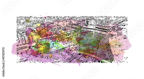 Building view with landmark of Dnipro is a city on the Dnieper River in central Ukraine. Watercolour splash with hand drawn sketch illustration in vector.