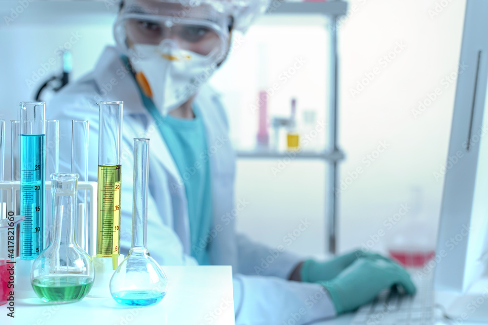 Fototapeta premium laboratory equipment, supplies, jars, bottles, cylinders, beakers, graduate, test-mixer, medicine-glass. Chemistry laboratory
