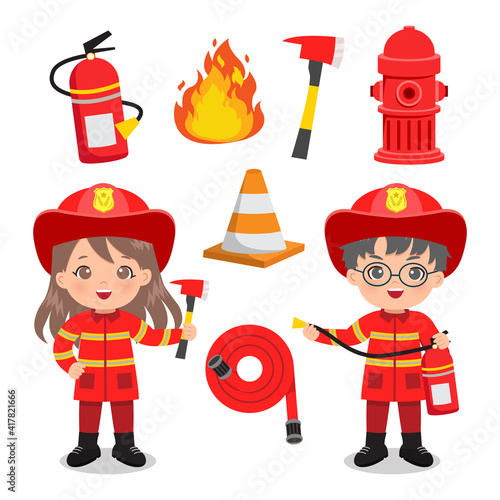 Cute boy and girl in fire fighter uniform with fire emergency clip art set. Flat vector design isolated.