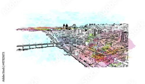Building view with landmark of Dnipro is a city on the Dnieper River in central Ukraine. Watercolour splash with hand drawn sketch illustration in vector.