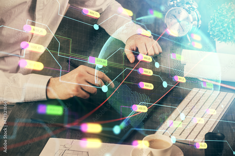 Multi exposure of man's hands holding and using a digital device and map drawing. International business concept. Multi exposure of man's hands holding and using a digital device and map drawing. International business concept.