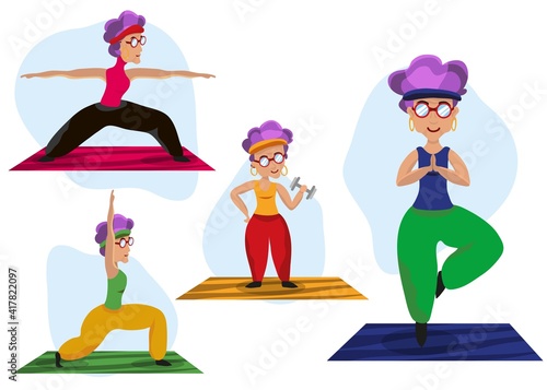 Active and healthy lifestyle of retirees.
A set of a sports grandmother who does gymnastics. Morning workout. Vector illustration. Health. Sport.