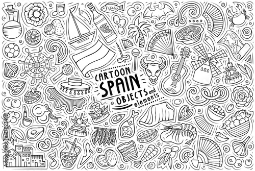 Doodle cartoon set of Spain objects and symbols