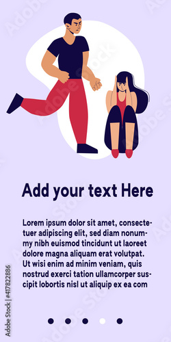Stop domestic violence. Social issues, abuse,agression on women, harassment and bullying. Violence against woman. Mobile app, landing page, banner or brochure. Flat illustration, isolated on white.