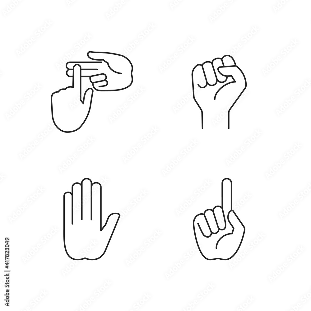 Hand gestures linear icons set. Raised fist. Stop doing something sign. Index finger up. Customizable thin line contour symbols. Isolated vector outline illustrations. Editable stroke Hand gestures linear icons set. Raised fist. Stop doing something sign. Index finger up. Customizable thin line contour symbols. Isolated vector outline illustrations. Editable stroke
