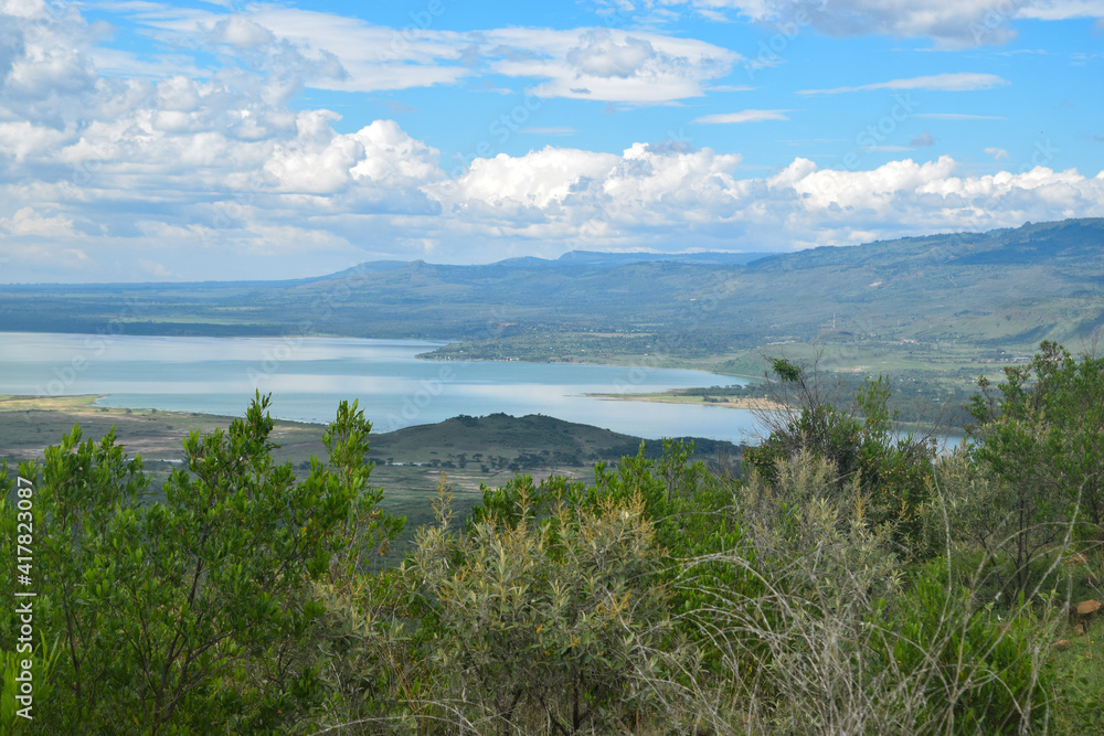 Scenic view of Lake Elementaita against mountains in Naivasha, Kenya