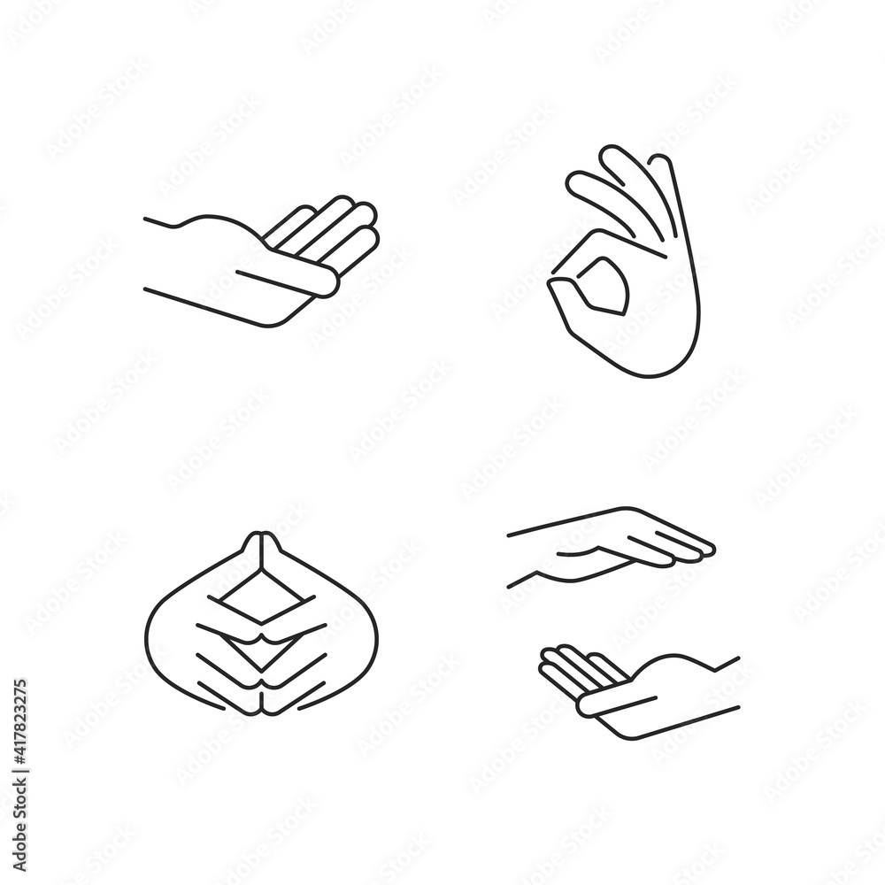 Hand gestures linear icons set. Okay gesture. Steeple hand. Finger-tips touching each other. Customizable thin line contour symbols. Isolated vector outline illustrations. Editable stroke Hand gestures linear icons set. Okay gesture. Steeple hand. Finger-tips touching each other. Customizable thin line contour symbols. Isolated vector outline illustrations. Editable stroke
