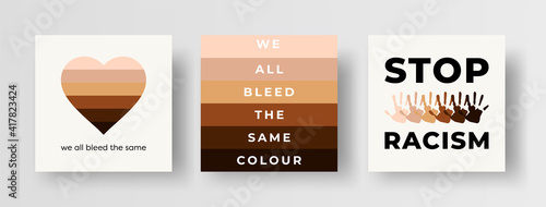 Diversity and Anti Racism Illustrations, Square Banners, Social Media Post Template Collection. Set of Design Elements for Diversity and Racial Equality. Stop Racism We All Bleed The Same Colour  photo