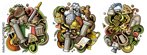 Italy cartoon vector doodle designs set.