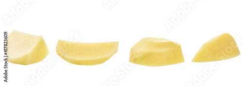 potato slices isolated on white background. Various angles.