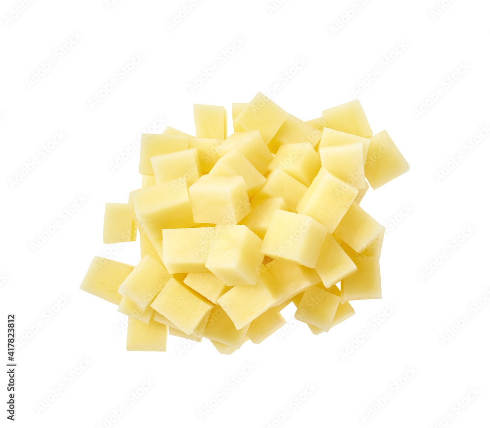 Diced potatoes isolated on white background, top view. Diced potatoes isolated on white background, top view.