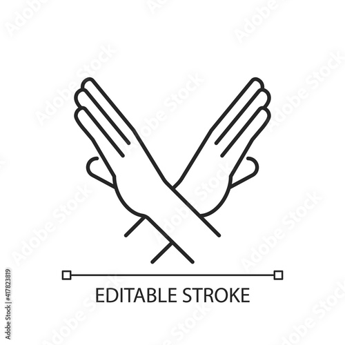 Crossed arms, stop gesture linear icon. Request to stop action. Prohibition of action. Thin line customizable illustration. Contour symbol. Vector isolated outline drawing. Editable stroke