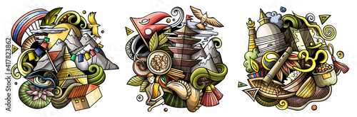 Nepal cartoon vector doodle designs set.