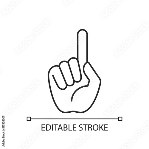 One finger pointing linear icon. Pointing with index finger of hand at something. Thin line customizable illustration. Contour symbol. Vector isolated outline drawing. Editable stroke