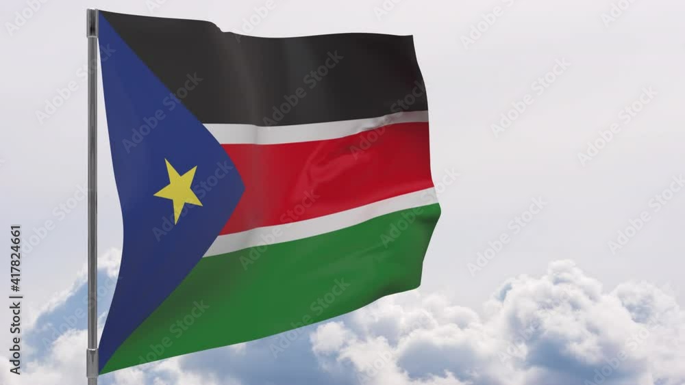 South Sudan flag on pole with sky background seamless loop 3d animation South Sudan flag on pole with sky background seamless loop 3d animation