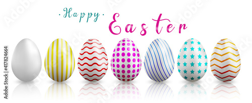 Vector Illustration of Happy Easter Holiday with Painted Egg. Vector cute horizontal greeting banner with realistic colored 3D eggs. Festive cartoon template with paper text Happy Easter.