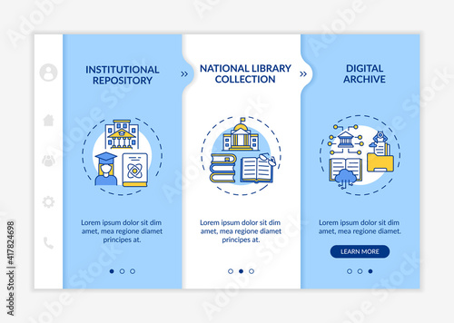 Types of digital libraries onboarding vector template. Institutional repository National library collection Responsive mobile website with icons. Webpage walkthrough step screens. RGB color concept