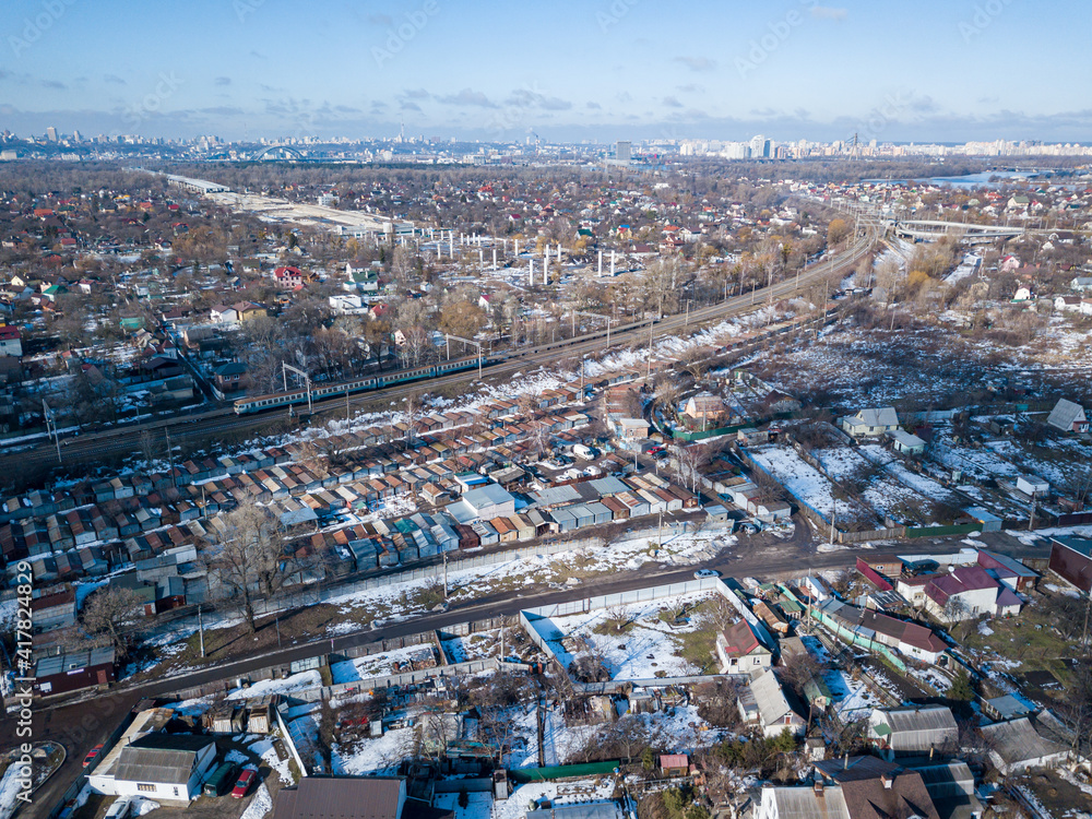 Obraz premium Residential area of Kiev. Aerial drone view. Sunny winter day.
