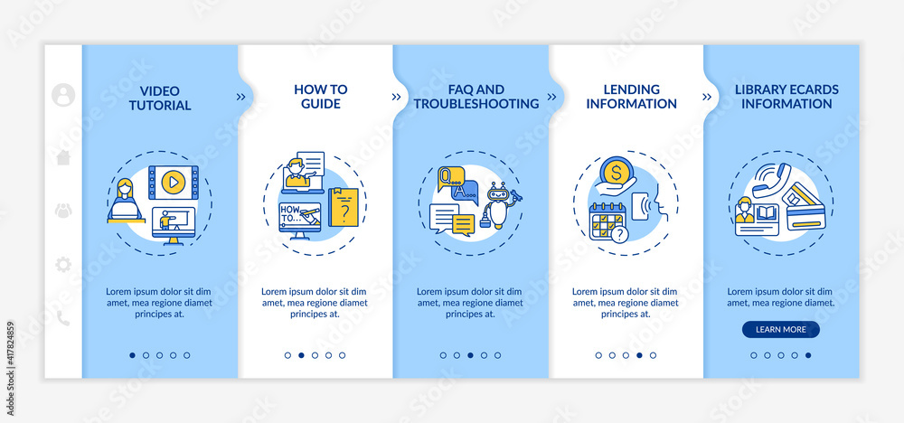 Online library helpline onboarding vector template. Video tutorial. How to guide. Free information access. Responsive mobile website with icons. Webpage walkthrough step screens. RGB color concept