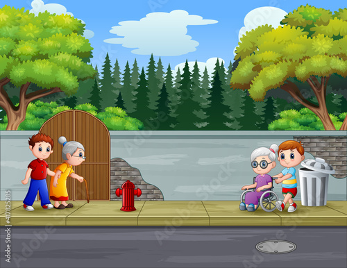 Cartoon the children walking with her grandmother at the roadside