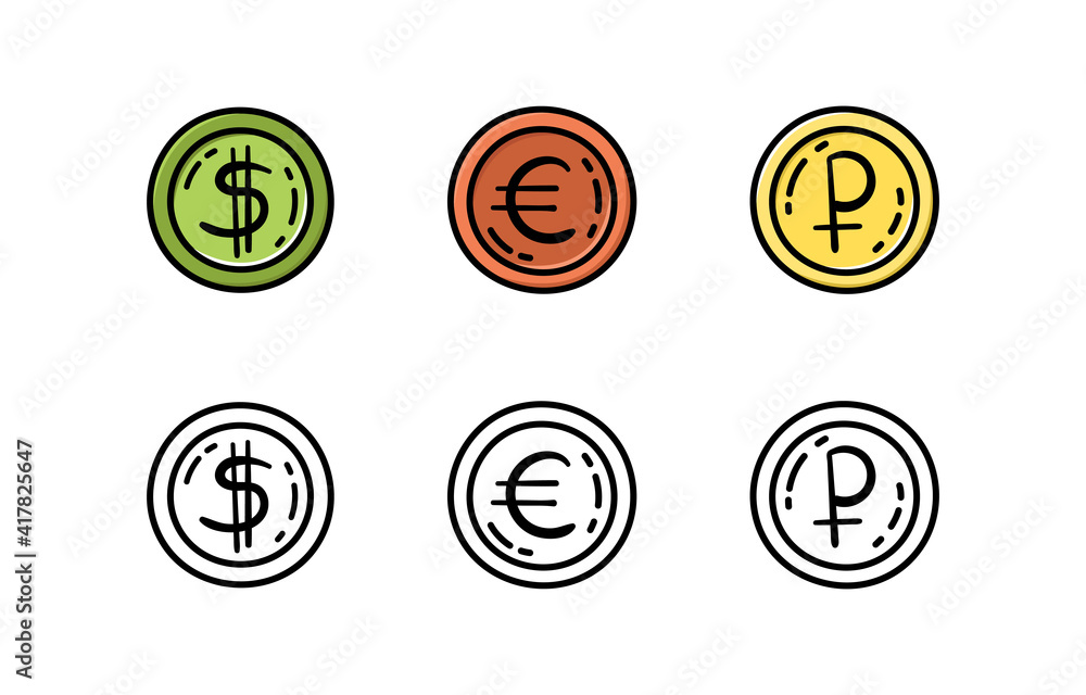 A set of coins in the doodle style. Euro, dollar, ruble. Money. A set of coins in the doodle style. Euro, dollar, ruble. Money.