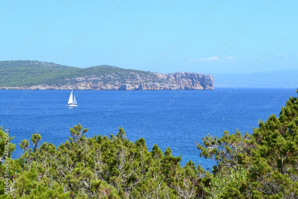 Mare blu della Sardegna con scogliera in sottofondo - vista panoramica dal sentiero sulla montagna 