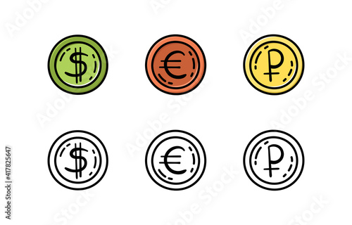 A set of coins in the doodle style. Euro, dollar, ruble. Money.