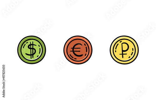 A set of coins in the doodle style. Euro, dollar, ruble. Money.