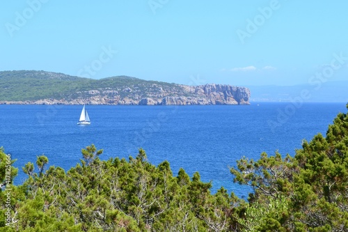 Mare blu della Sardegna con scogliera in sottofondo - vista panoramica dal sentiero sulla montagna  photo