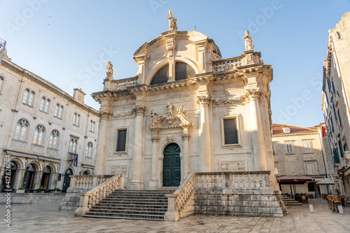 St. Blasie Church in empty centrall old town Dubrovnik in Croatia summer morning