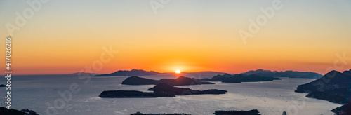Panoramic view of Adriatic Islands with Dubrovnik old town in sunset hour from top of Mountain Srd