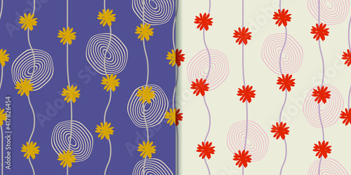 Seamless floral patterns with circles, lines and flowers. For textile, wrapping paper, packaging, wallpaper. Vector pattern. 