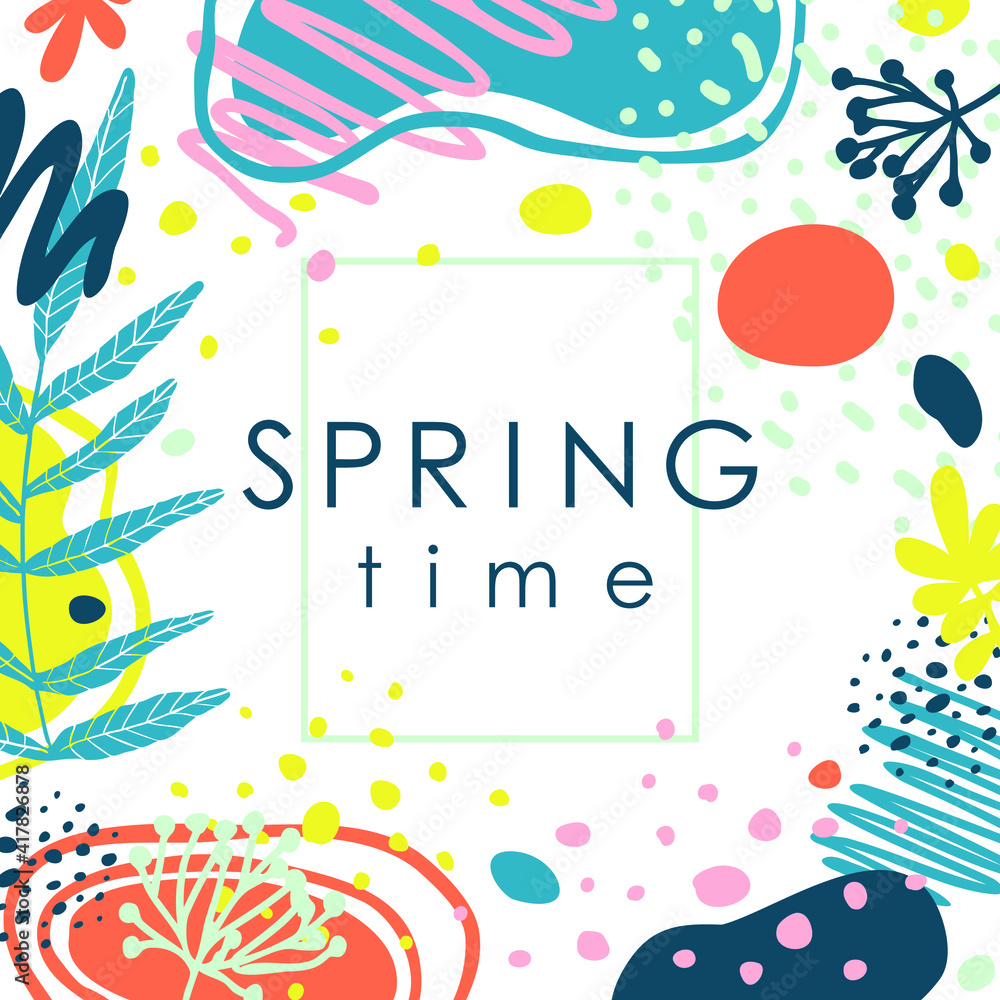 Spring. Trendy flowers abstract art template. Suitable for social media posts, mobile apps, banners design. Vector fashion backgrounds. Leaves and plants. Spring holidays. Sale
