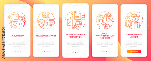 Online medication order steps onboarding mobile app page screen with concepts. Choose delivery method walkthrough 5 steps graphic instructions. UI vector template with RGB color illustrations
