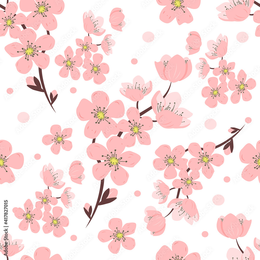 vector seamless pattern with hand drawn twigs and sakura flowers on a white background. Cherry blossoms. wedding pattern, floral pattern for printing on fabric, clothing, wrapping paper