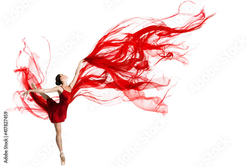 Fototapeta Naklejka Na Ścianę i Meble -  Ballerina Dance. Woman dancing Red Fabric. Graceful Ballet Dancer jumping in Air. Red Cloth flying waving on Wind. Isolated White Background